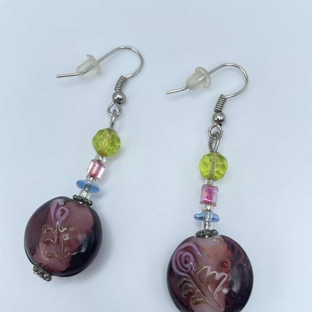 Vintage 90s Lampwork Glass Dangle Earrings Purple Floral Rose Beaded Artisan 90s